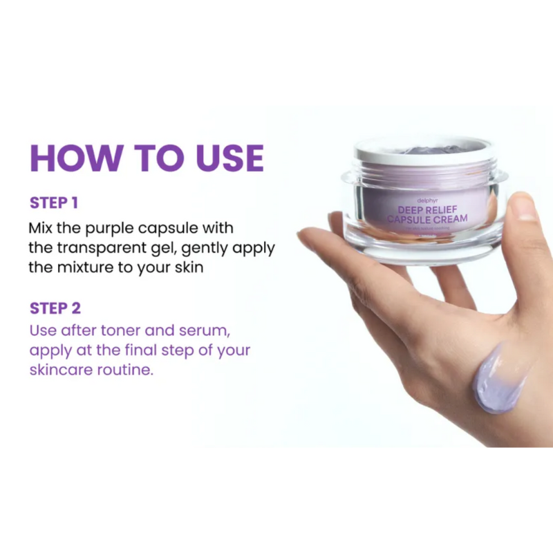 Hand holding a jar of Deep Relief Capsule Cream with application instructions on a white background