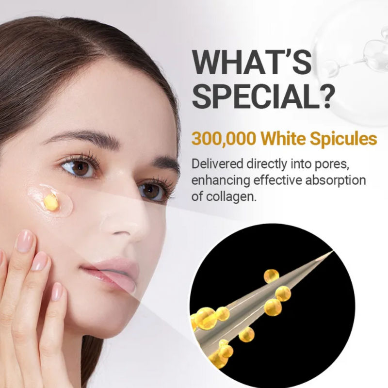 Woman's face with skincare product and text about white spicules and collagen absorption.