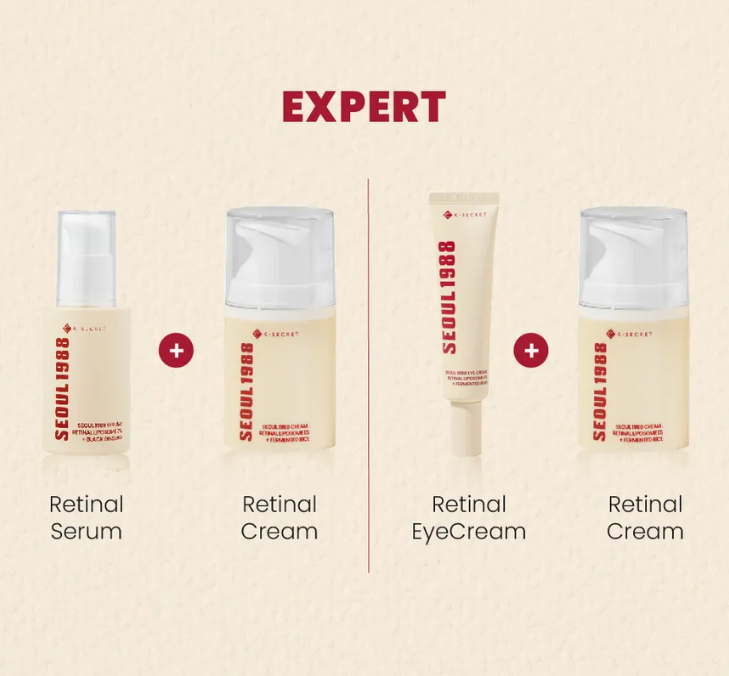 Skincare product lineup with 'SEOUL 1988' branding on a beige background