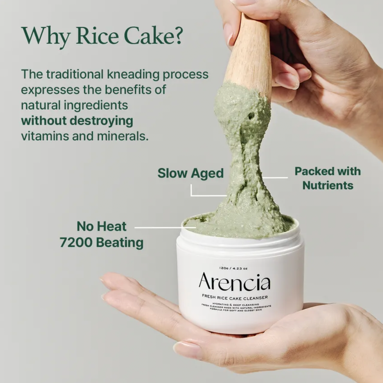 Arencia rice cake cleanser with text explaining benefits on a gray background
