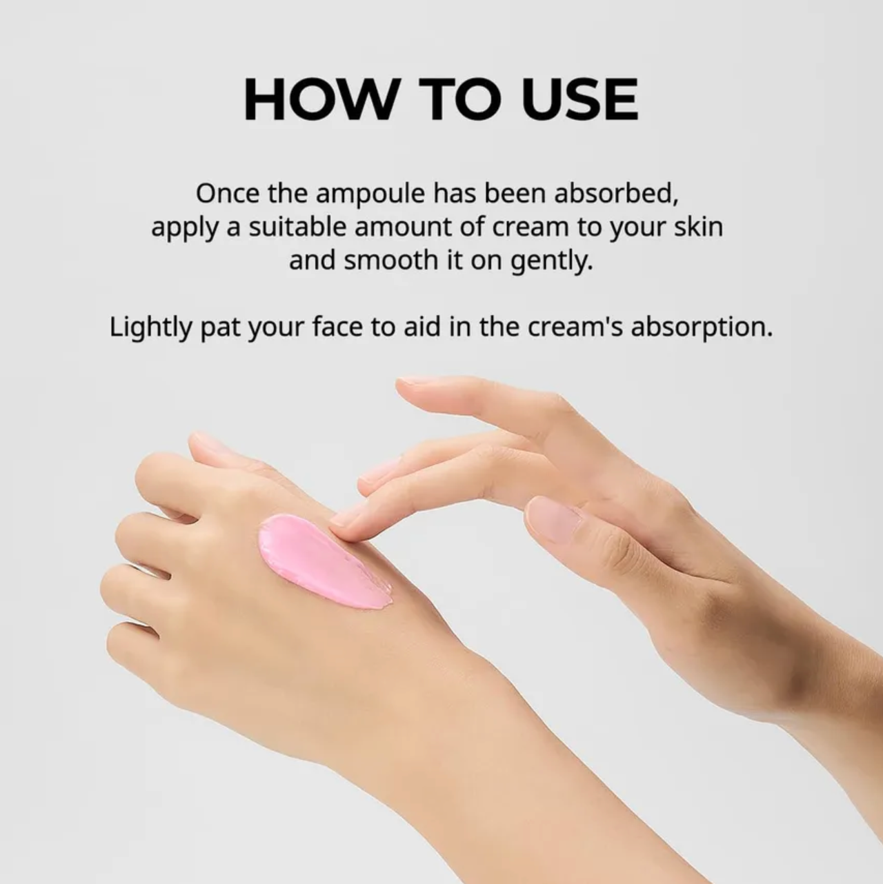 Instructions on applying cream to skin with a pink ampoule, on a light gray background.