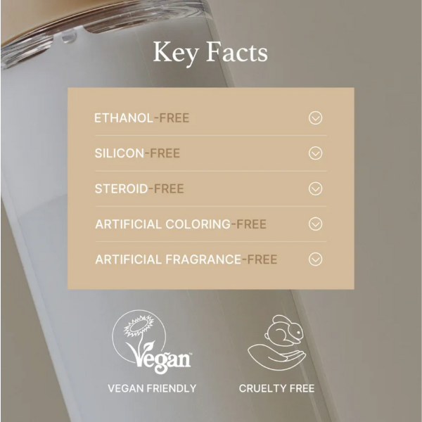 Product packaging with key facts and vegan/cruelty-free labels.