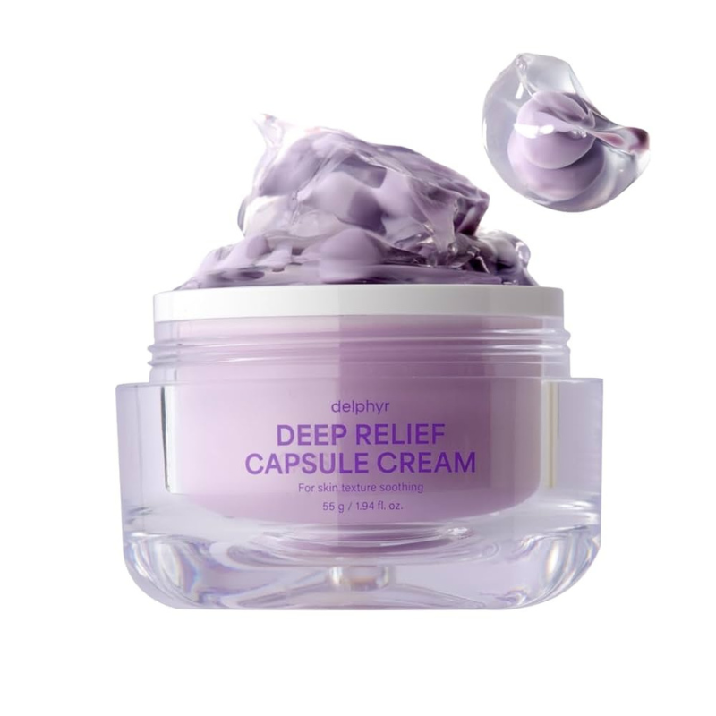 Delphyr Deep Relief Capsule Cream jar with cream on top on a white background