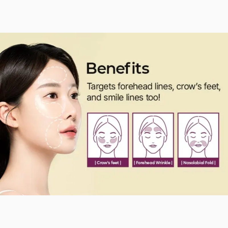 Advertisement showing a woman's face with skincare benefits highlighted on a beige background