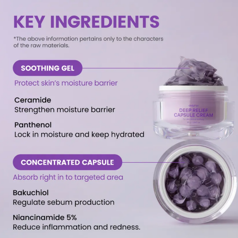 Cosmetic product with key ingredients listed on a purple background