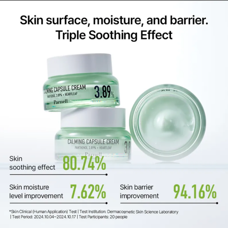 Calming capsule cream with text highlighting skin surface, moisture, and barrier effects.