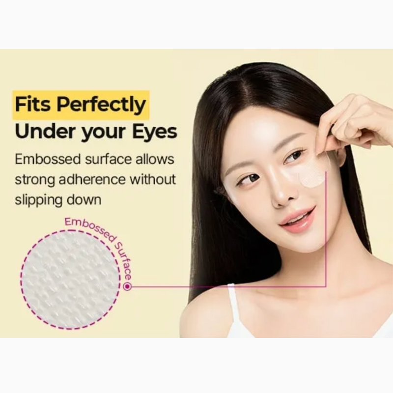 Woman applying eye patches with text highlighting product features on a beige background