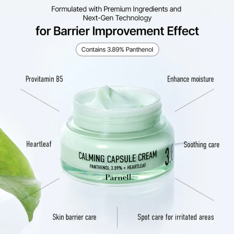 Calming capsule cream jar with text highlighting ingredients and benefits on a white background