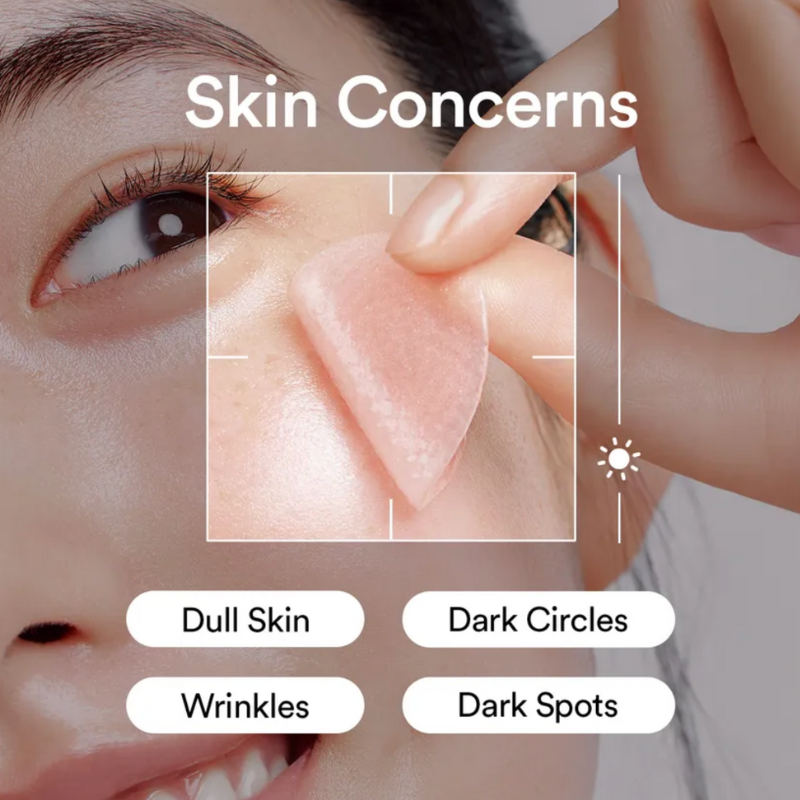 Woman pointing to her eye with text 'Skin Concerns' and icons for dull skin, dark circles, wrinkles, and dark spots.
