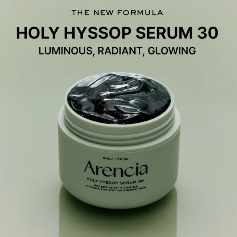 Jar of Arencia Holy Hyssop Serum 30 on a light green background