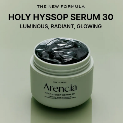 Jar of Arencia Holy Hyssop Serum 30 on a light green background