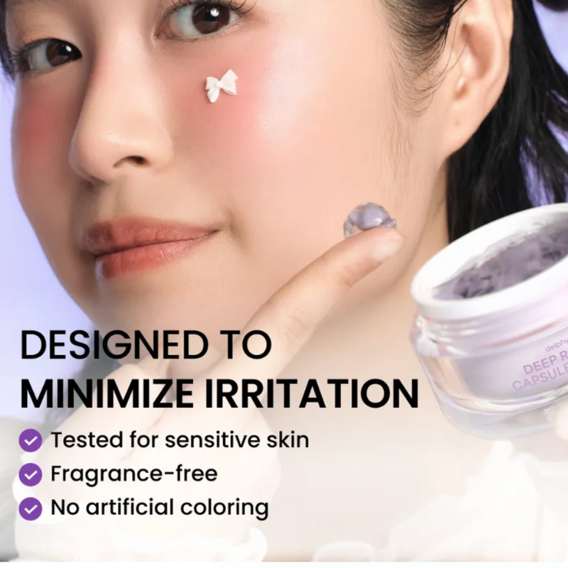 Woman applying cream to her face with product packaging, text about irritation minimization.