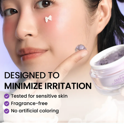 Woman applying cream to her face with product packaging, text about irritation minimization.