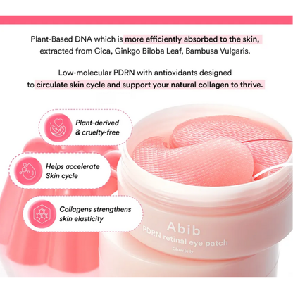 Pink eye patch container with text about plant-based DNA and antioxidants on a white background