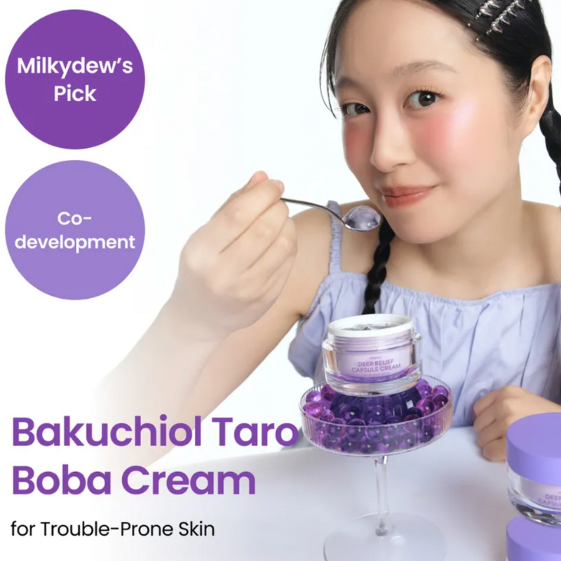 Woman with a purple cream container labeled 'Bakuchiol Taro Boba Cream' on a white background