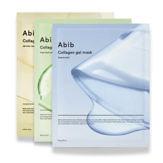Three Abib collagen gel masks on a white background