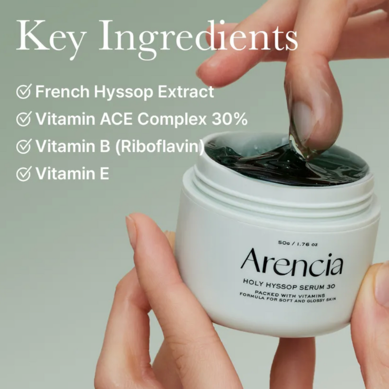 Arenicia Holy Hyssop Serum 30 with key ingredients listed on a light green background