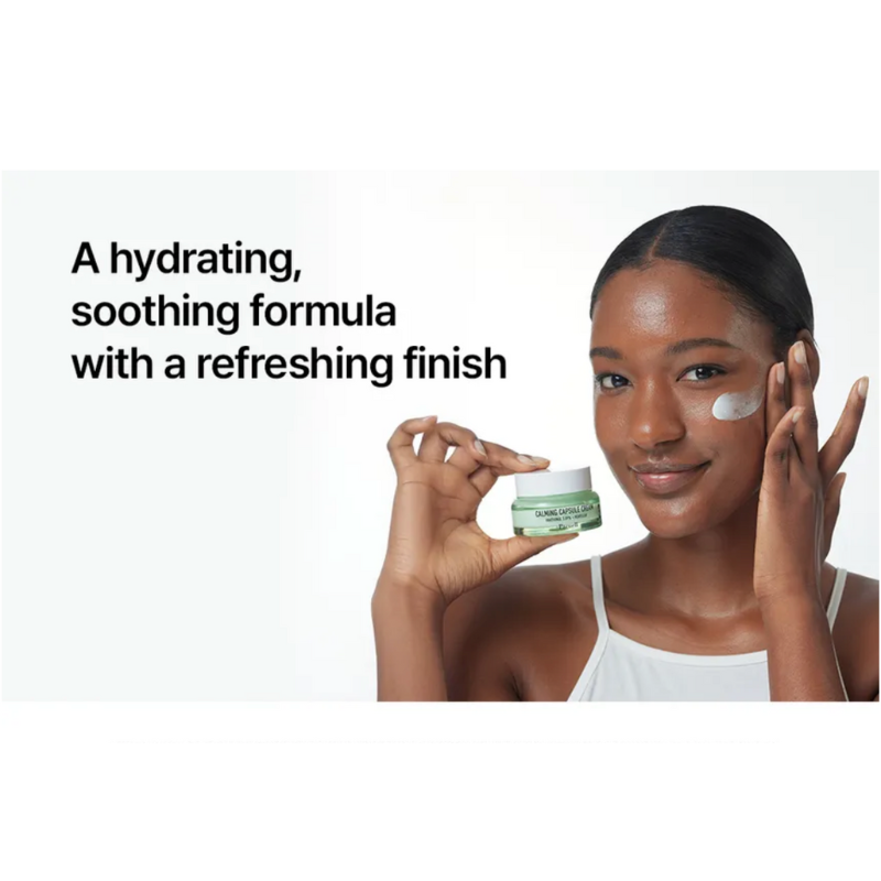 Woman applying cream with text about a hydrating, soothing formula
