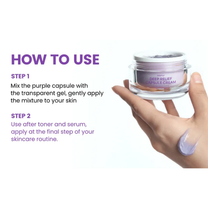 Hand holding a jar of Deep Relief Capsule Cream with application instructions on a white background