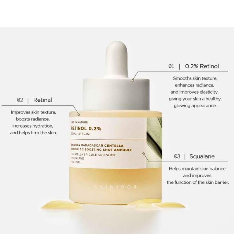 Skincare ampoule with text detailing its ingredients and benefits on a white background