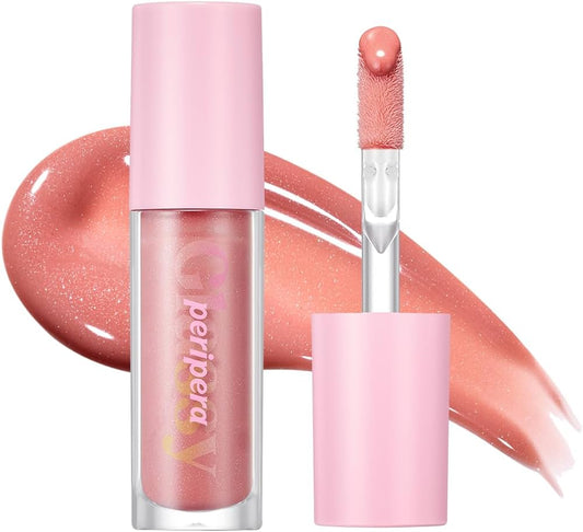 Lip gloss with applicator and pink cap on a white background