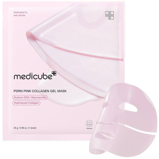 Pink collagen gel mask with packaging on a white background