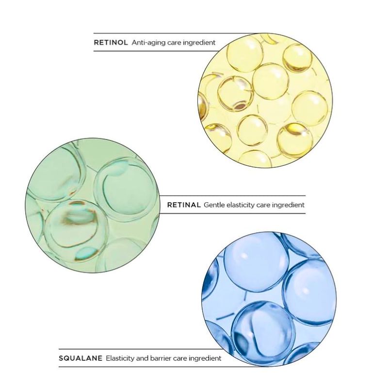 Illustrations of retinol, retinal, and squalane with labels on a white background