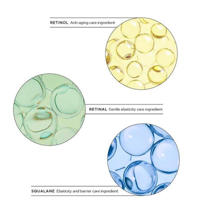 Illustrations of retinol, retinal, and squalane with labels on a white background
