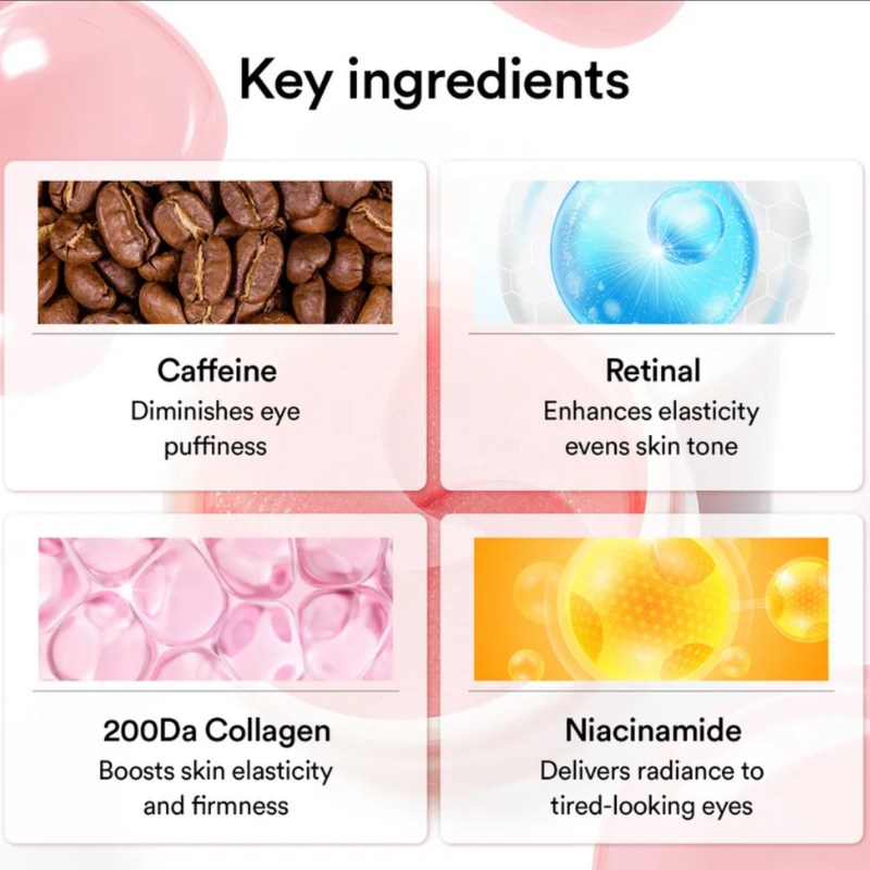 Key ingredients of a skincare product with images and descriptions.