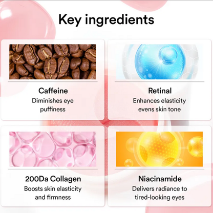 Key ingredients of a skincare product with images and descriptions.