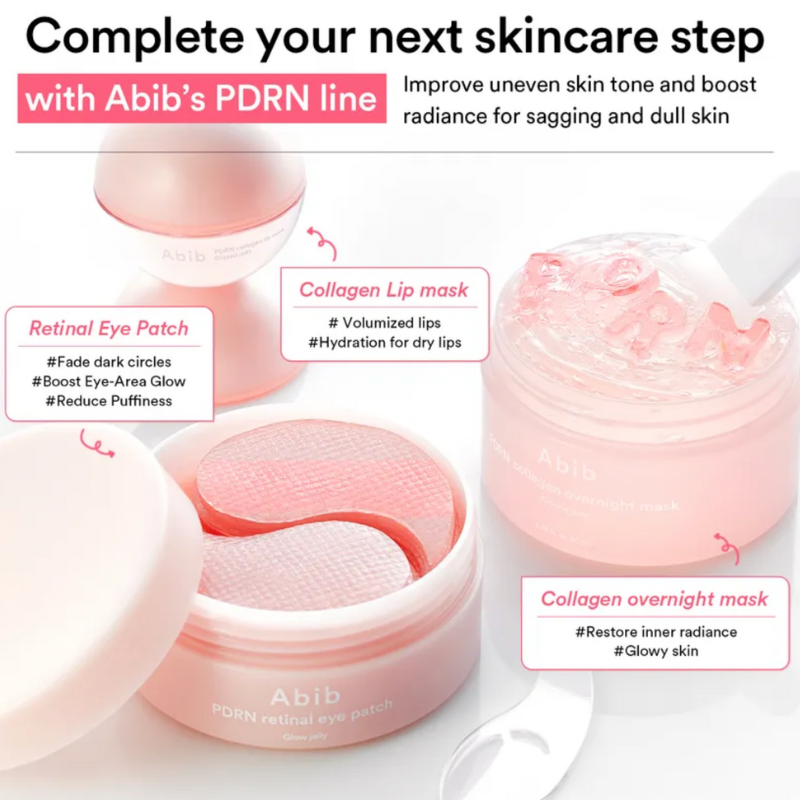 Abib skincare products including eye patches, lip mask, and overnight mask with text on a white background.