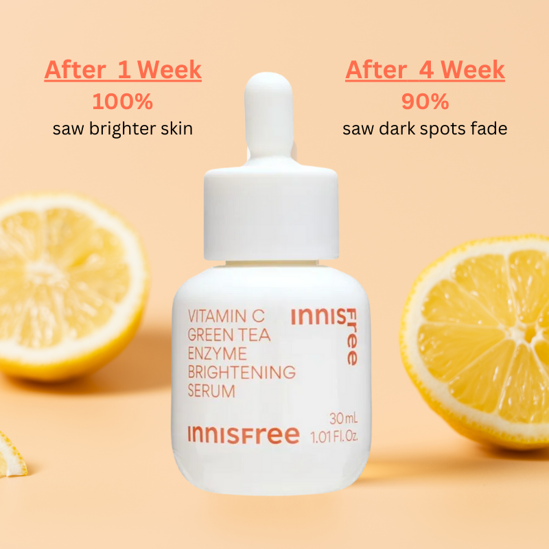 Innisfree vitamin C green tea enzyme brightening serum bottle with lemon slices on a peach background