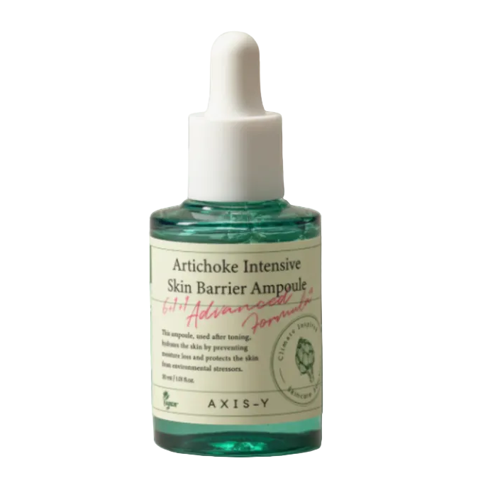 Bottle of Artichoke Intensive Skin Barrier Ampoule with dropper on a light green background