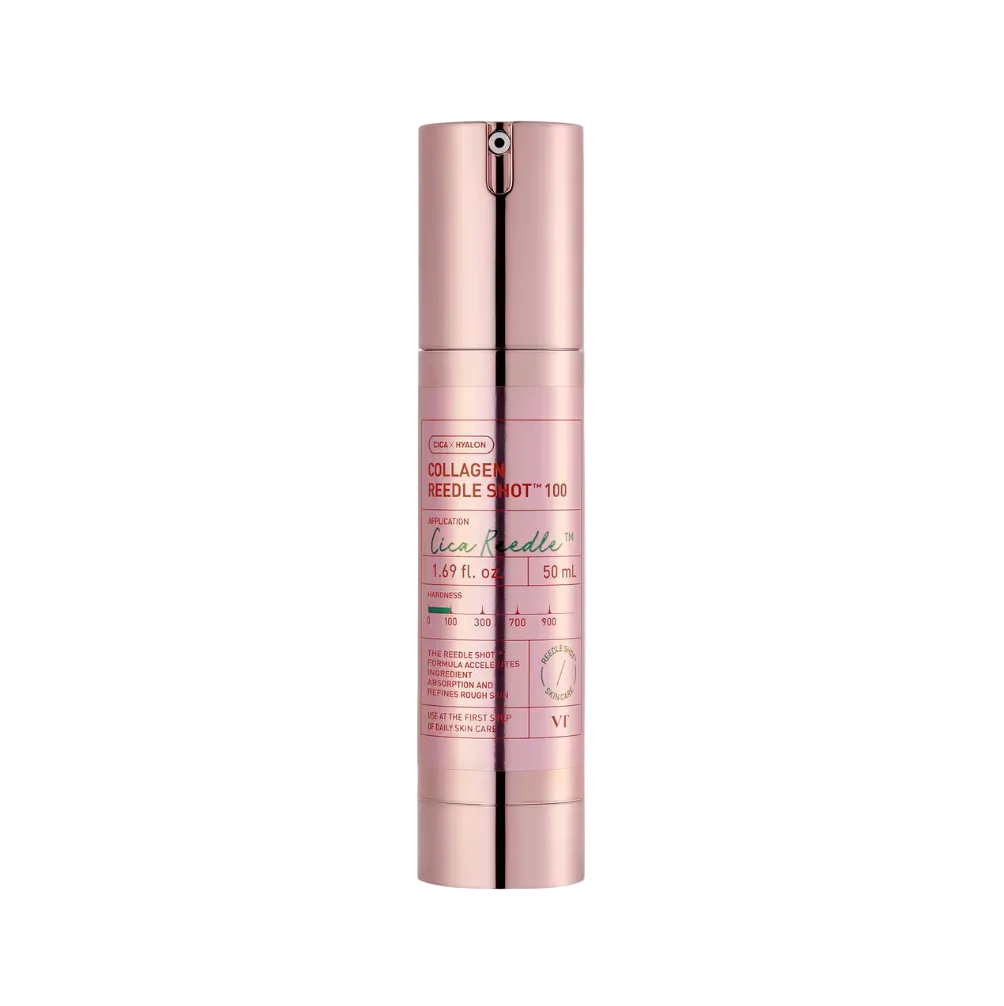 Pink skincare serum bottle on a light pink background