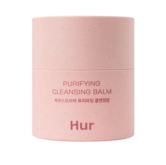 Pink jar of 'Purifying Cleansing Balm' with 'Hur' branding on a white background