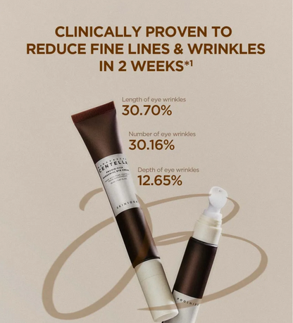 Cosmetic product with text claiming to reduce fine lines and wrinkles, featuring two tubes on a beige background.