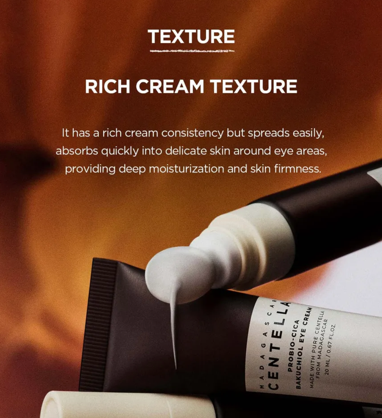 Cosmetic tube with cream being squeezed out, labeled 'Texture Rich Cream Texture' on a brown background.
