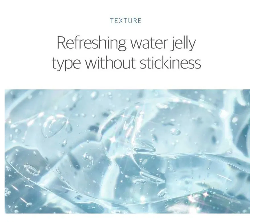 Clear jelly-like texture with text 'Refreshing water jelly type without stickiness' on a white background