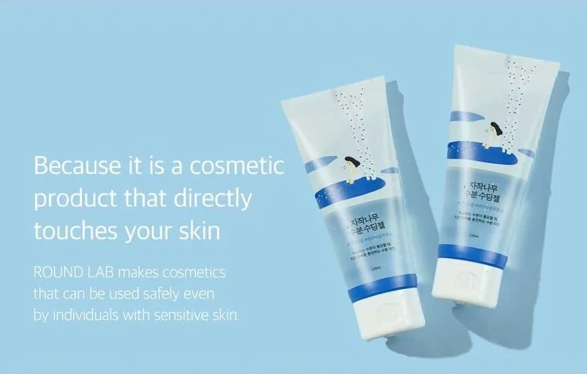 Two cosmetic tubes with a blue background and text about safe skincare products.
