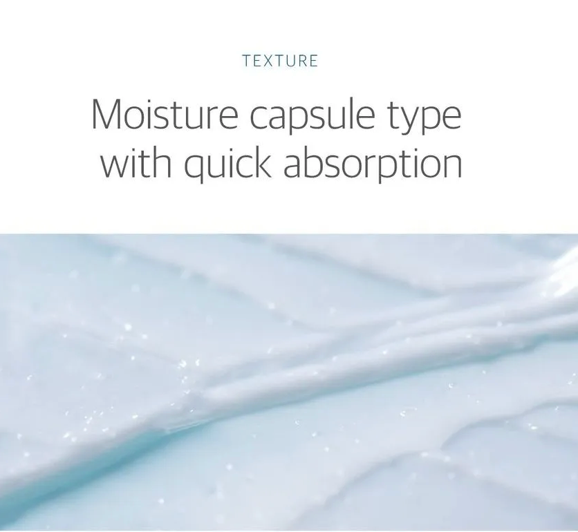 Moisture capsule type with quick absorption text over a light blue liquid background