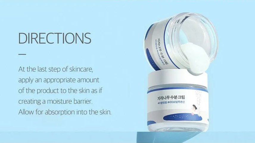Skincare product with application instructions on a blue background