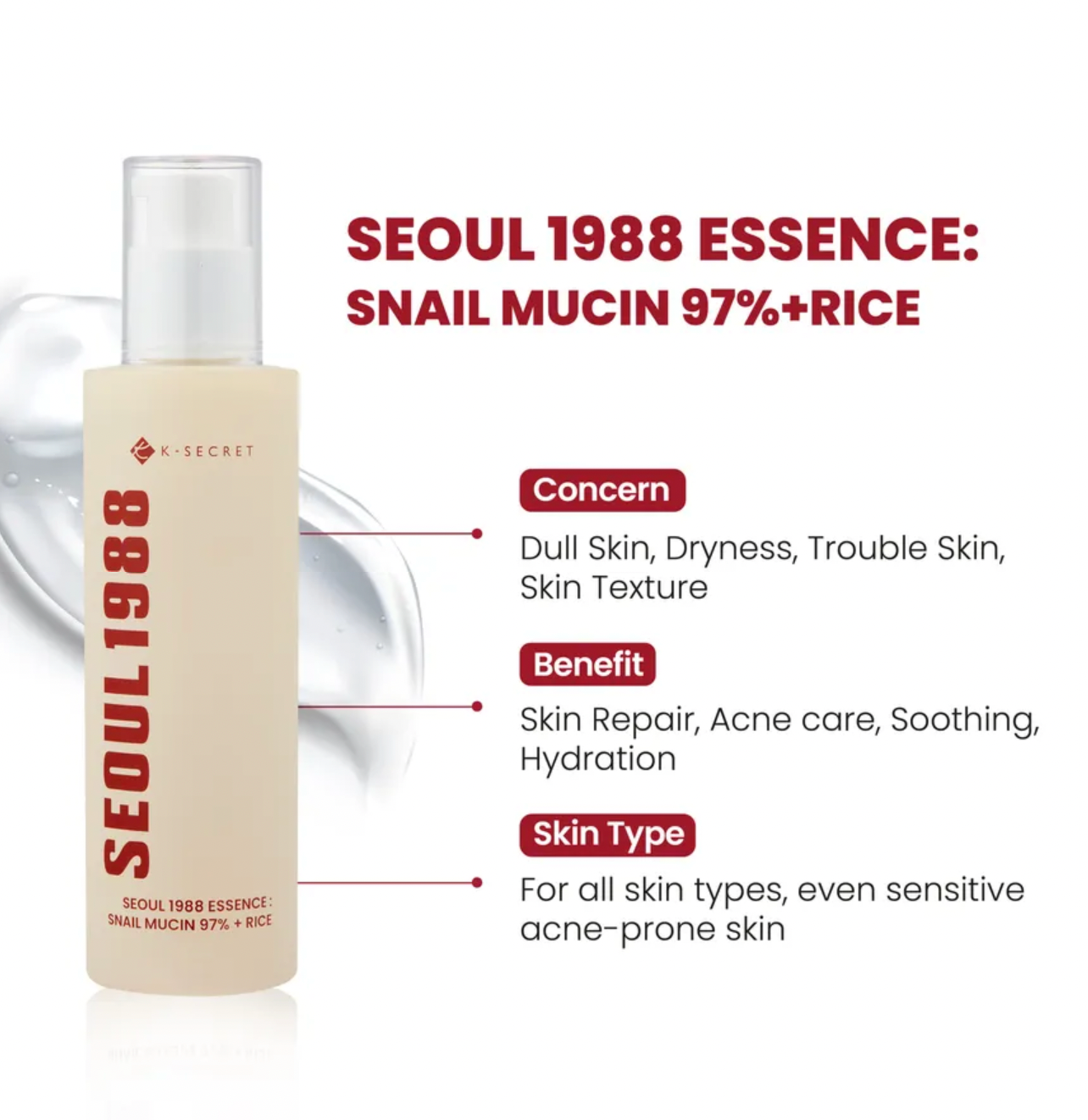 Skincare bottle labeled 'Seoul 1988 Essence' with text detailing its benefits and uses.