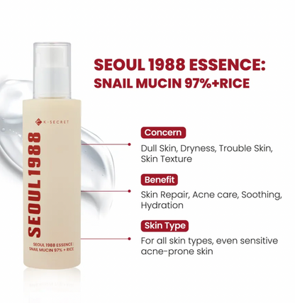 Skincare bottle labeled 'Seoul 1988 Essence' with text detailing its benefits and uses.