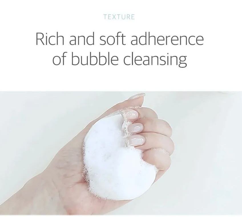 Hand holding a white cleansing pad with text 'Rich and soft adherence of bubble cleansing' on a light gray background