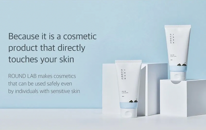 Round Lab skincare products on a light blue background with text about safety for sensitive skin.