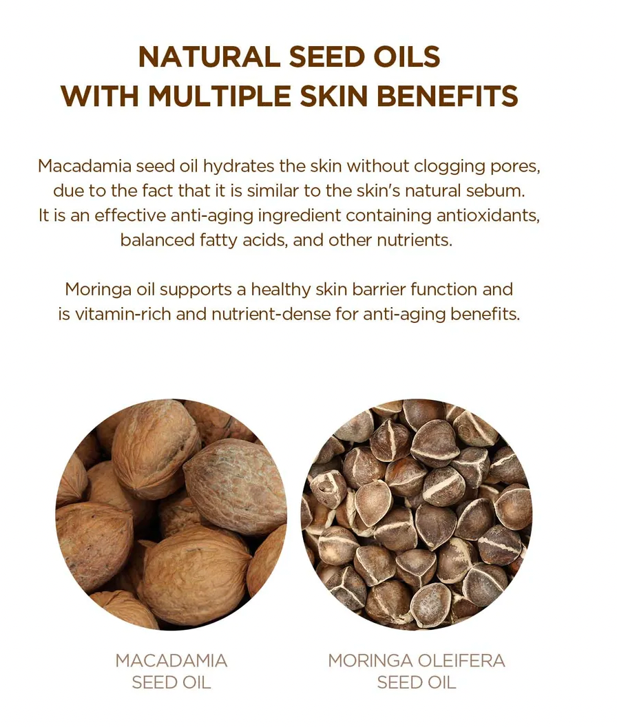 Two images of macadamia and moringa seed oils with text about their skin benefits.
