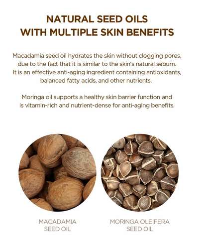 Two images of macadamia and moringa seed oils with text about their skin benefits.