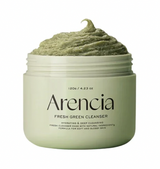 Green facial cleanser jar with 'Arenicia' branding on a white background