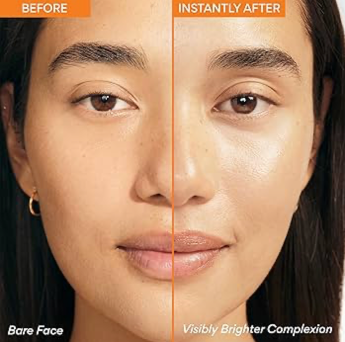 Before and after comparison of a woman's face with a visibly brighter complexion.