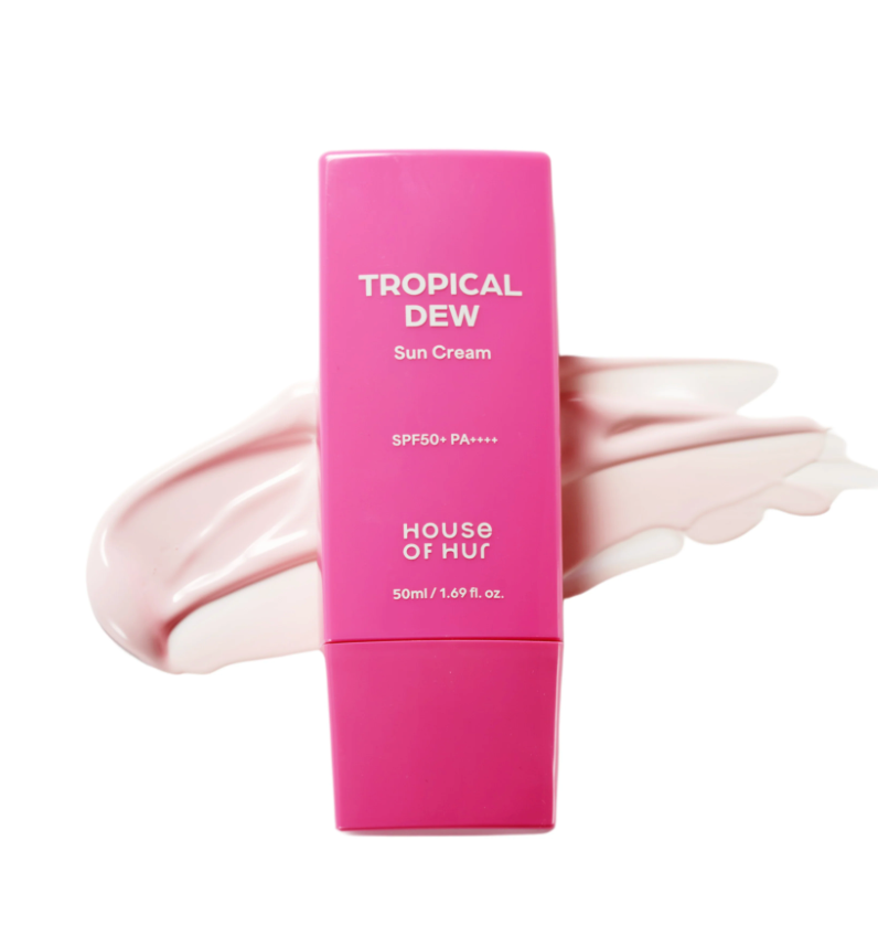Pink sun cream tube labeled 'Tropical Dew' by 'House of Hur' on a white background.